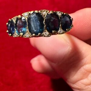 Solid 18K Five Sapphire Ring with diamonds (size 9-9.5)